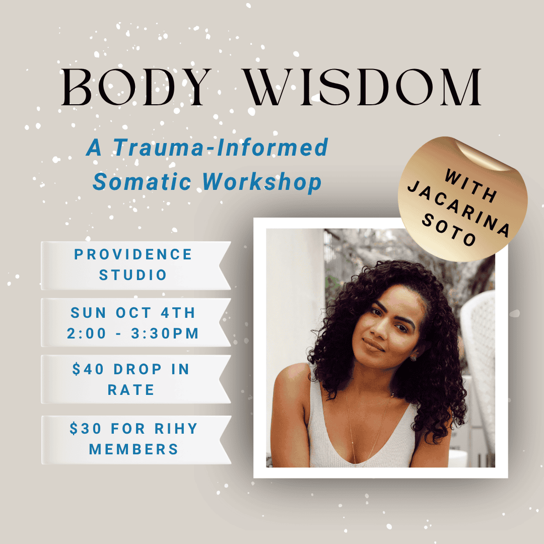 october-2026 Poster for Body Wisdom: A Trauma-Informed Somatic Workshop with Jacarina Soto featuring a photo of a woman in a white top and gold sticker.